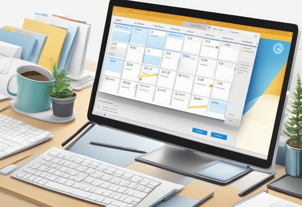 A computer screen showing the Outlook email interface with a calendar pop-up, highlighting the option to schedule a delayed delivery of an email
