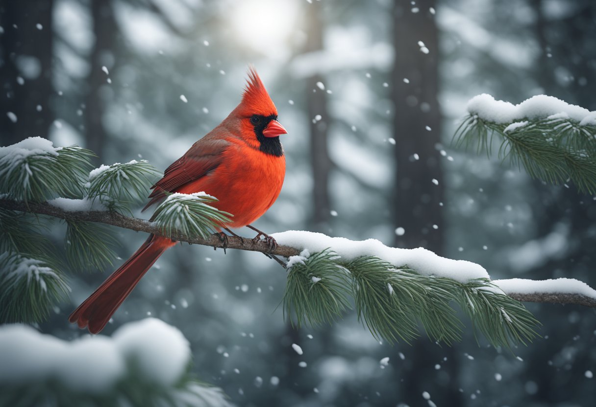 A red cardinal perched on a snow-covered branch, surrounded by evergreen trees, symbolizing hope and spiritual guidance