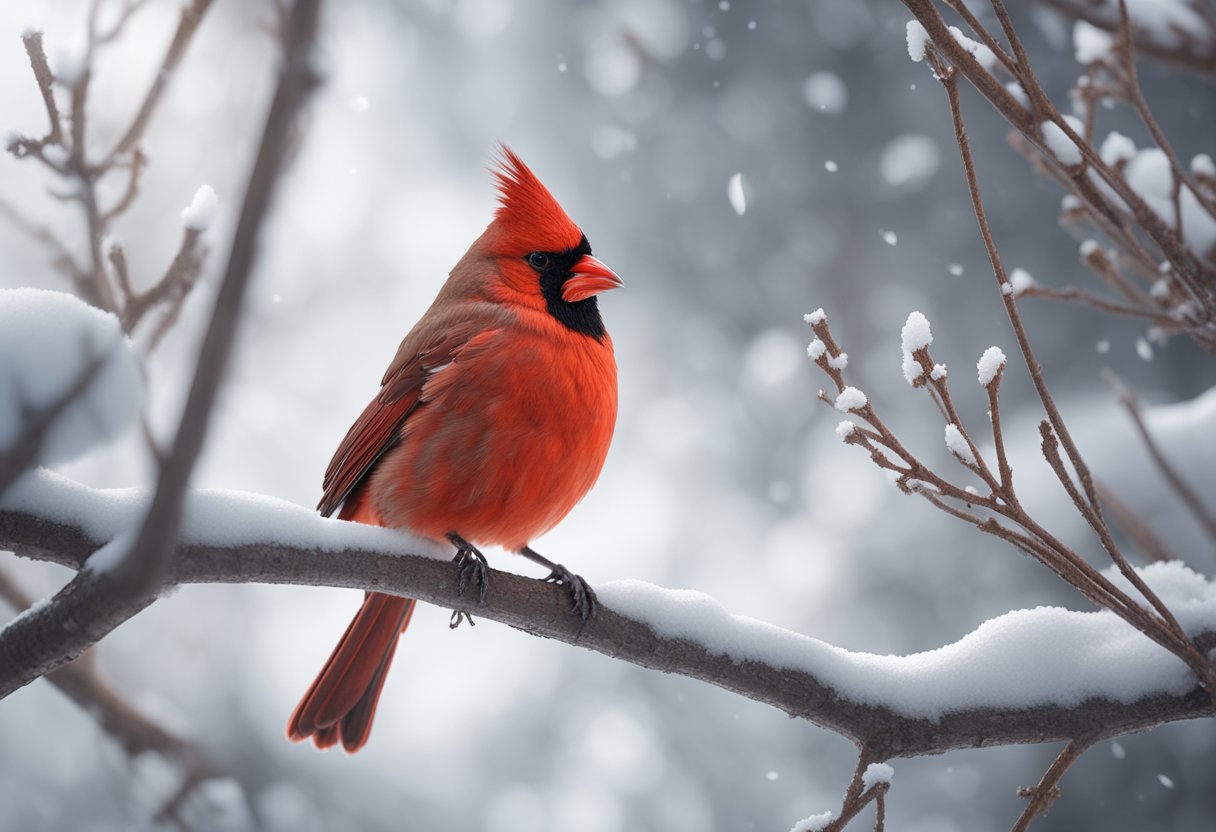 A red cardinal perched on a snow-covered branch, its vibrant feathers standing out against the white backdrop, symbolizing spiritual significance and connection to the divine