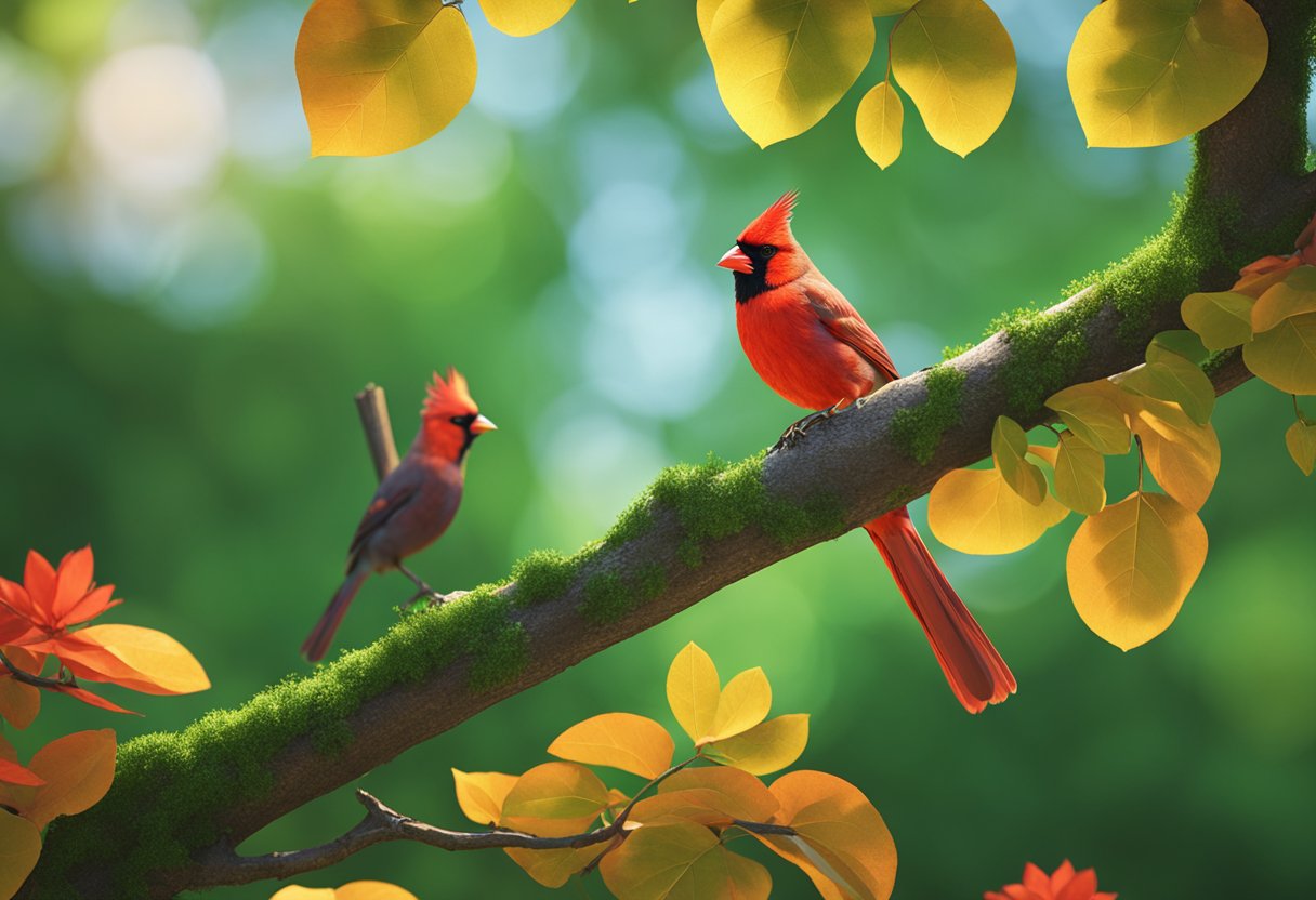 A red cardinal perched on a tree branch, surrounded by vibrant green leaves, symbolizing spiritual messages and significance