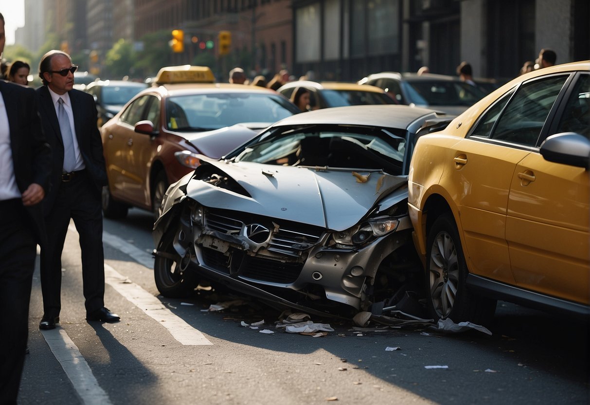 A car crashed on a busy New York street. A lawyer guides a client through the legal process