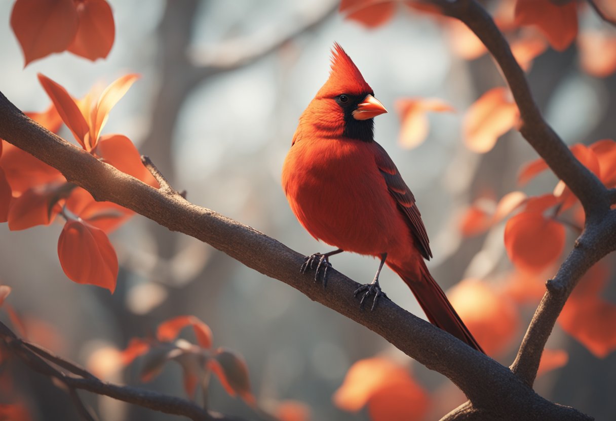 A vibrant red cardinal perched on a tree branch, symbolizing passion, strength, and vitality in the natural world