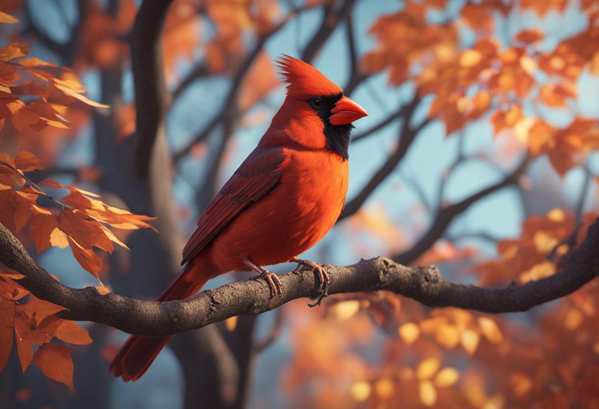 A red cardinal perched on a tree branch, surrounded by vibrant autumn leaves, symbolizing spiritual guidance and messages from the divine