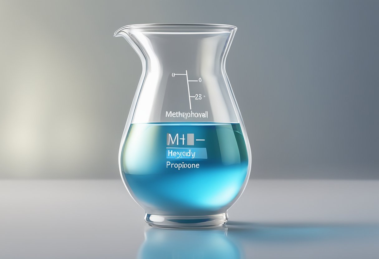 A glass beaker holds 4-Methyl Propiophenone, labeled by Swadev Chemicals. The liquid is clear and the room is well-lit