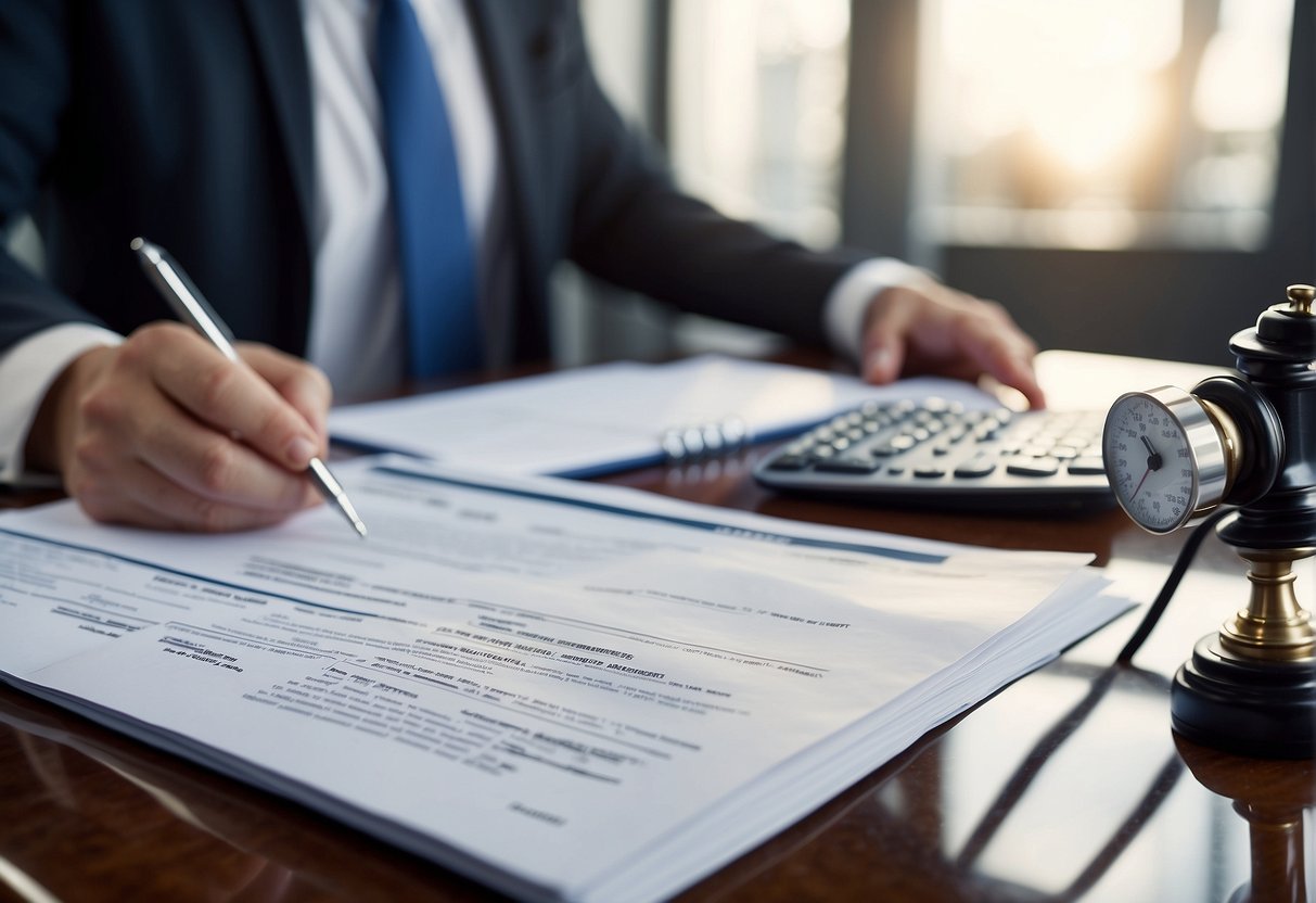 A lawyer reviews medical records and accident reports for a car injury case. Documents are organized on a desk with a scale and legal pad