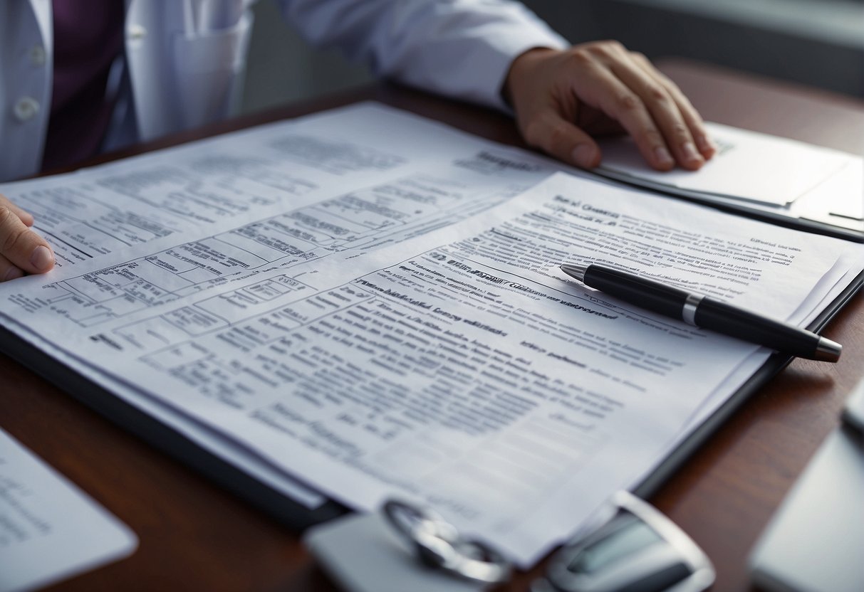 A doctor diligently fills out forms, documenting car accident injuries for a compensation case