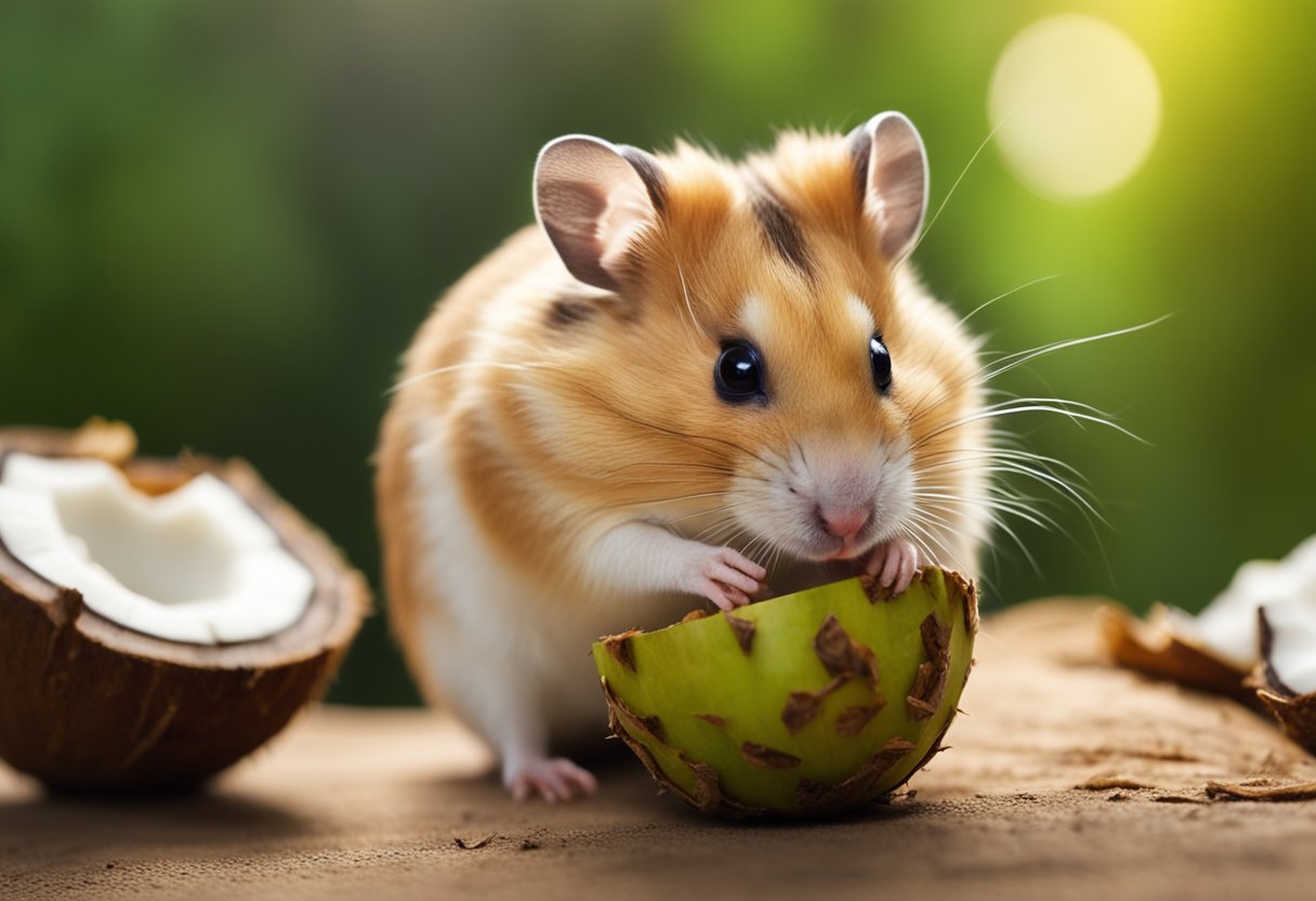 A hamster nibbles on a coconut, its tiny paws holding the fruit steady as it enjoys a snack