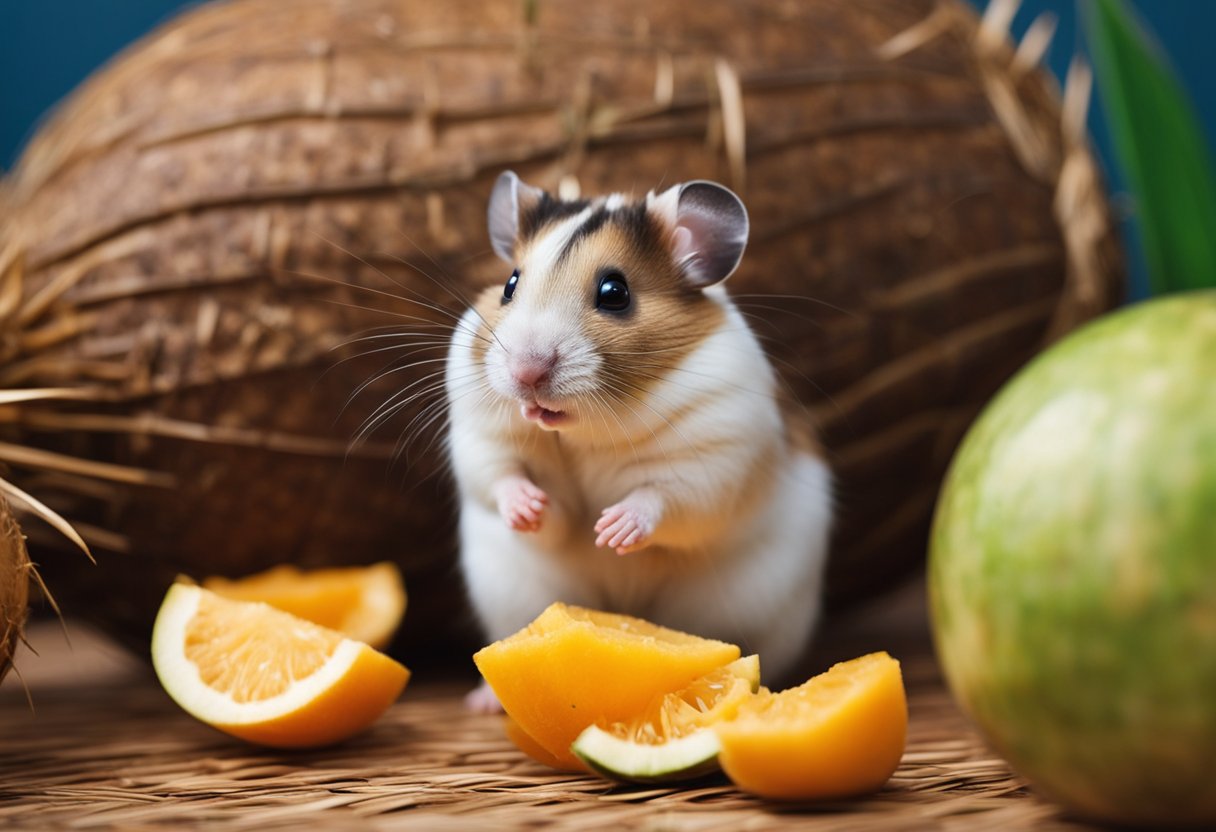 A hamster sits in front of a coconut, sniffing and nibbling at the shell. Various fruits and vegetables are scattered around the cage