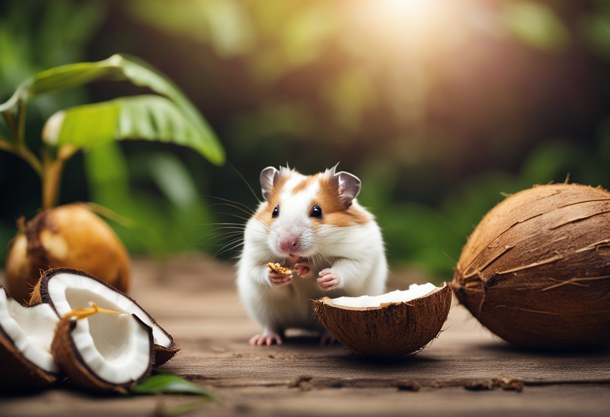A curious hamster sniffs a coconut, while another nibbles on a small piece