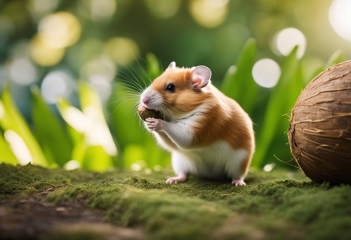 A curious hamster sniffs a coconut, its tiny paws reaching out to touch the rough shell