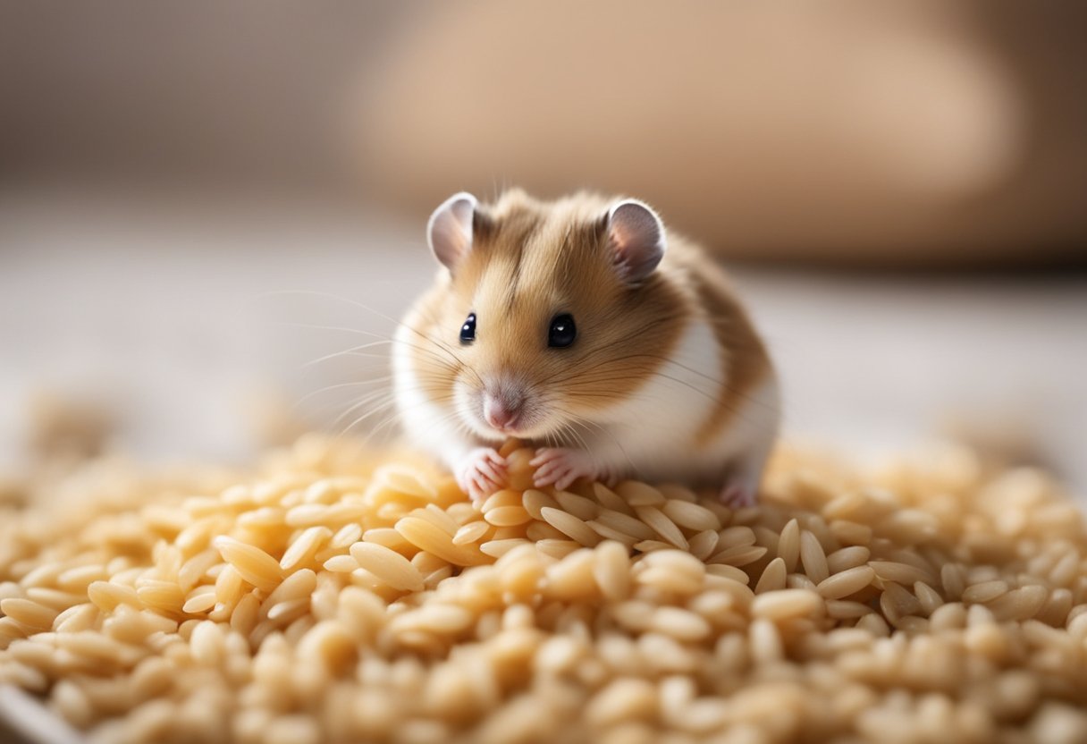 A hamster nibbles on a small pile of rice, its tiny paws holding a grain as it chews