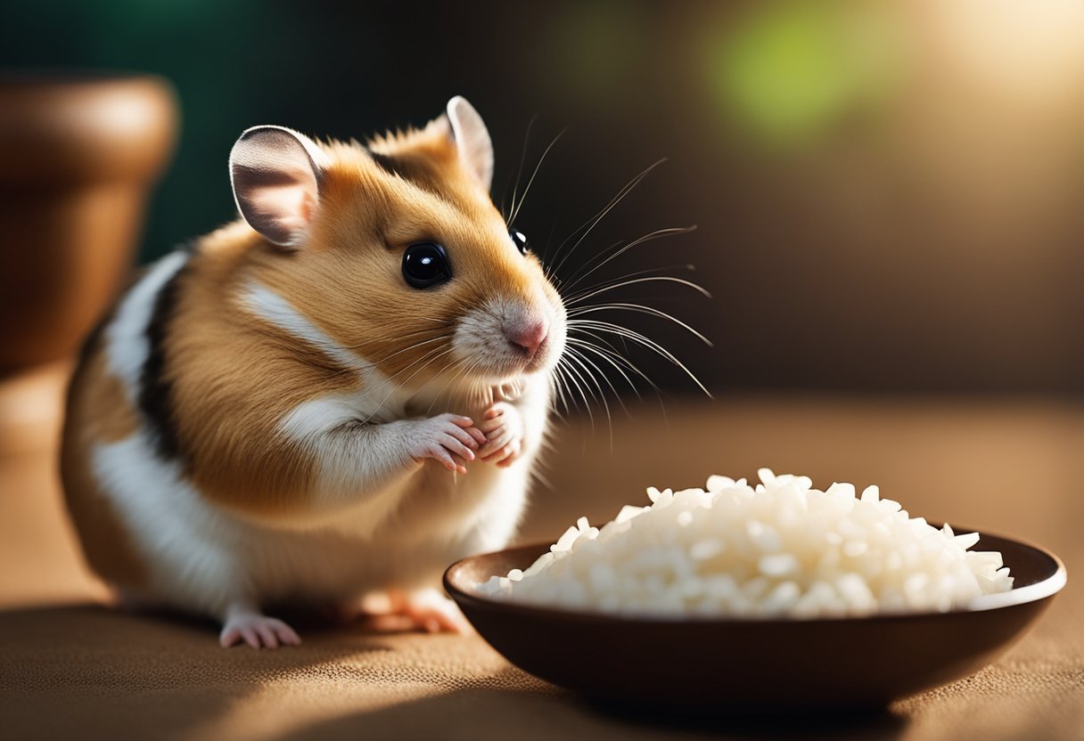 A hamster sits near a small bowl of rice, sniffing it cautiously. The hamster's food bowl and water bottle are in the background