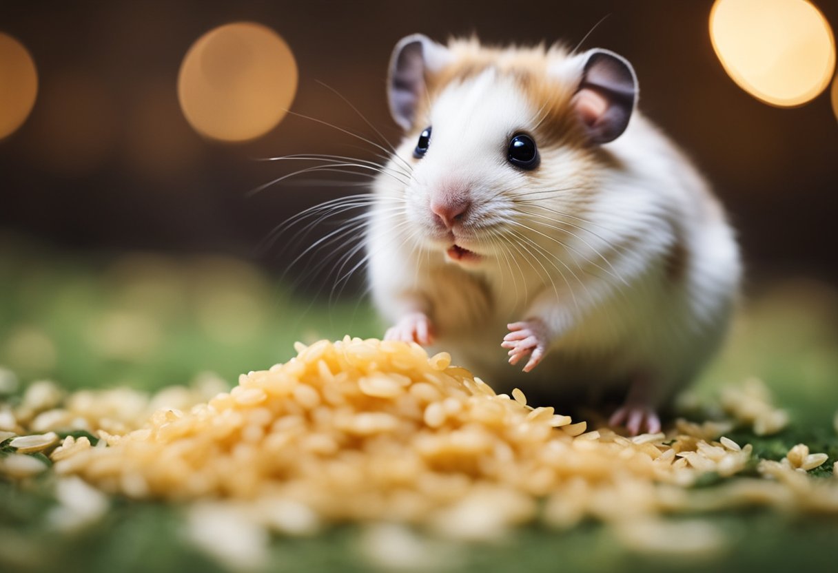 A hamster happily munches on a small pile of cooked rice in its cage