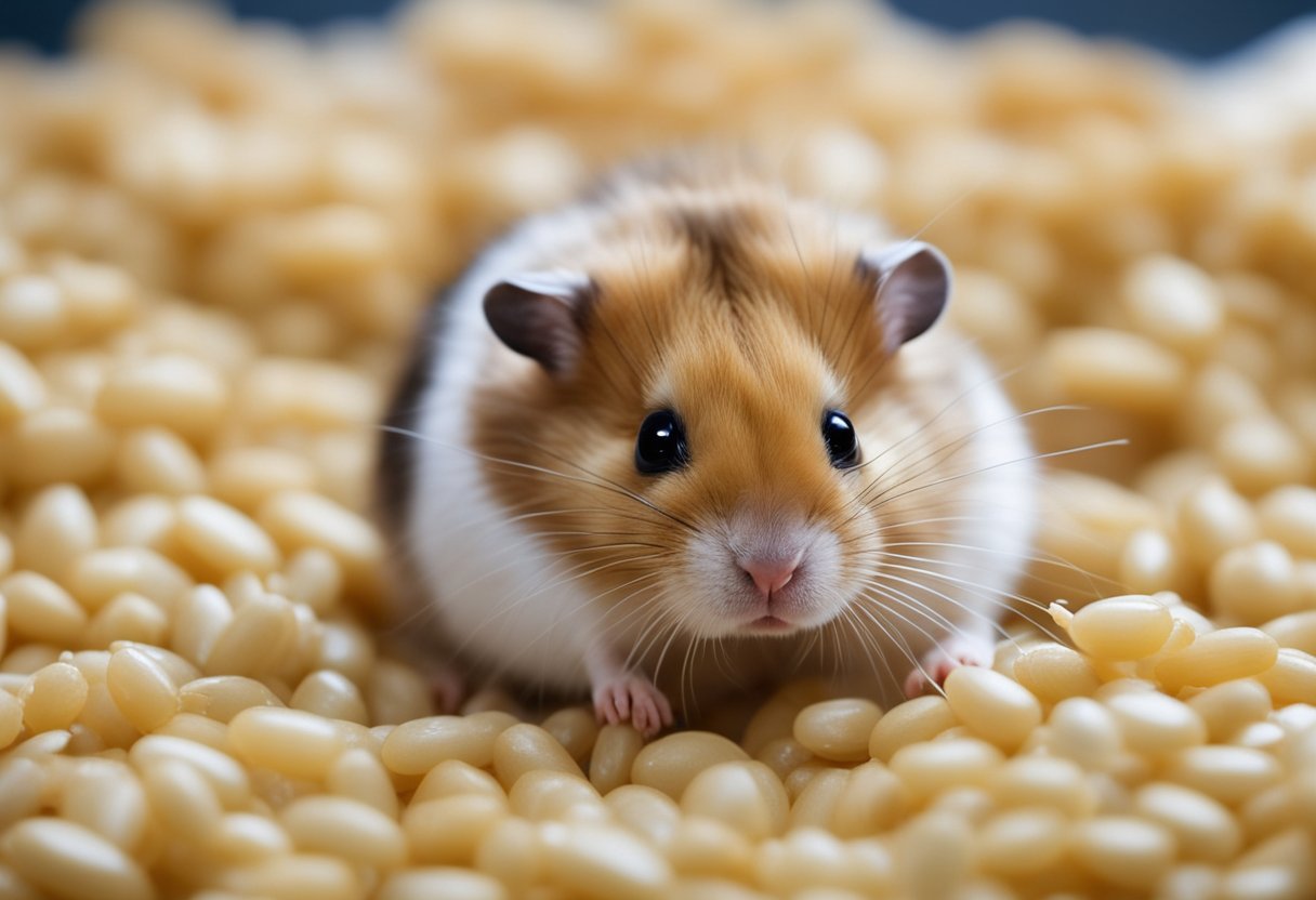 A hamster surrounded by a variety of rice grains, sniffing and nibbling on them with curiosity