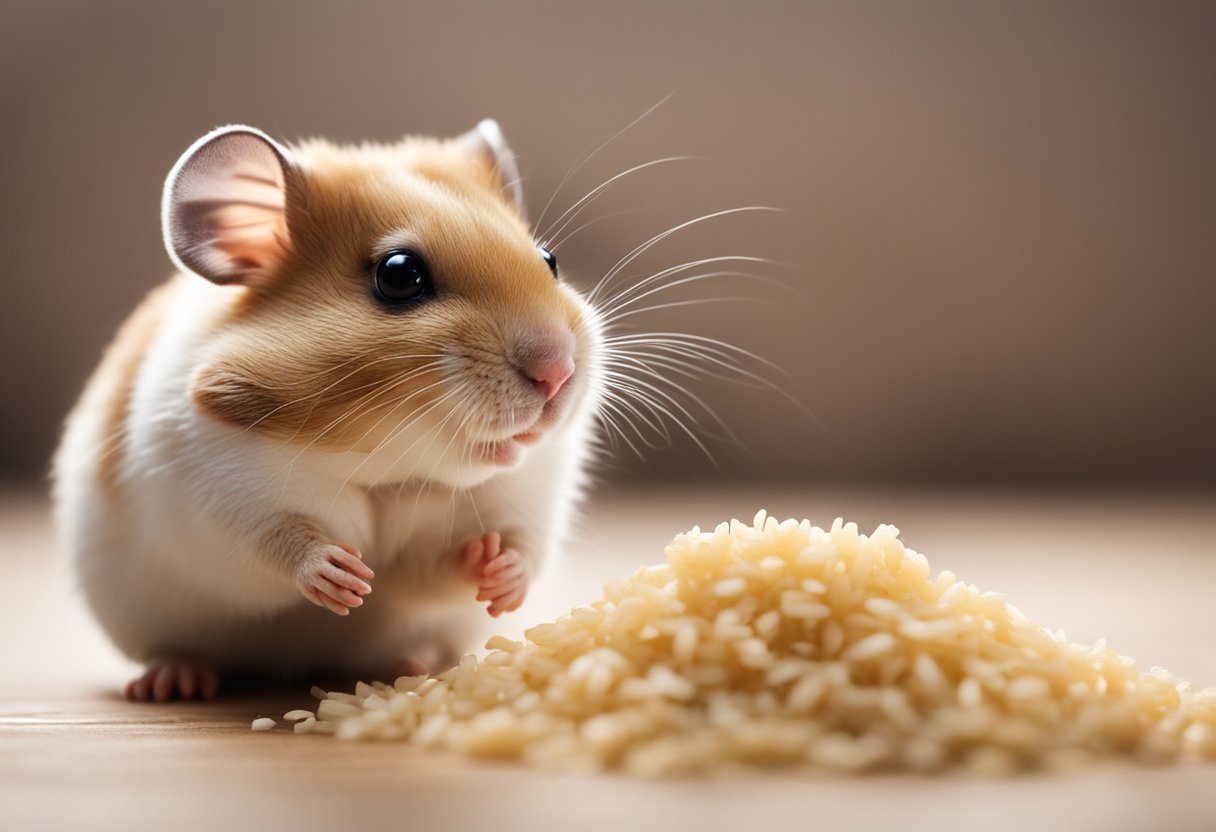 A hamster is shown sniffing a small pile of rice, with a question mark hovering above its head