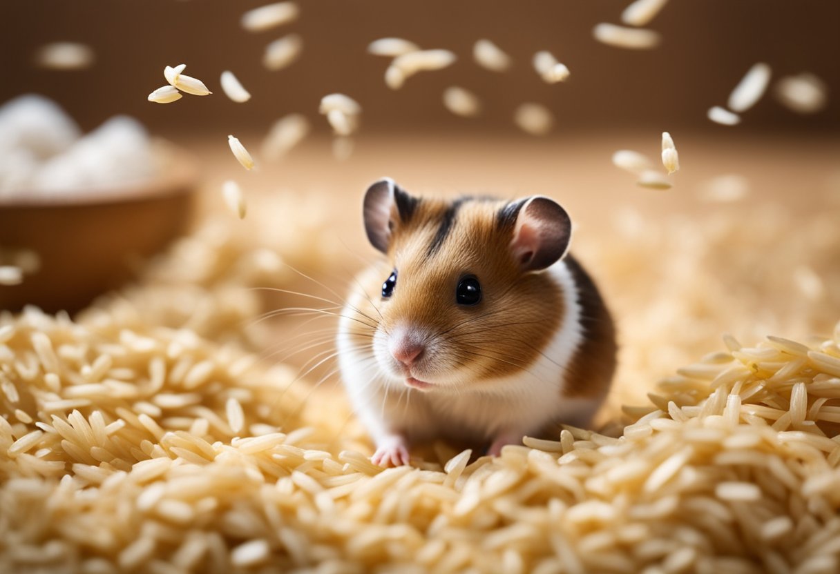 A curious hamster surrounded by a pile of rice, with a question mark hovering above its head
