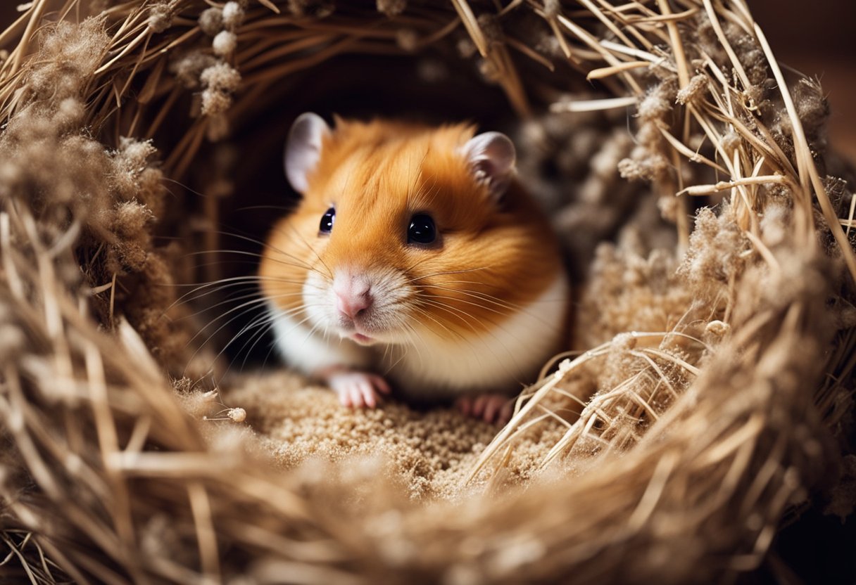 A cozy hamster nest with food stash, bedding, and a sleeping hamster curled up in a ball