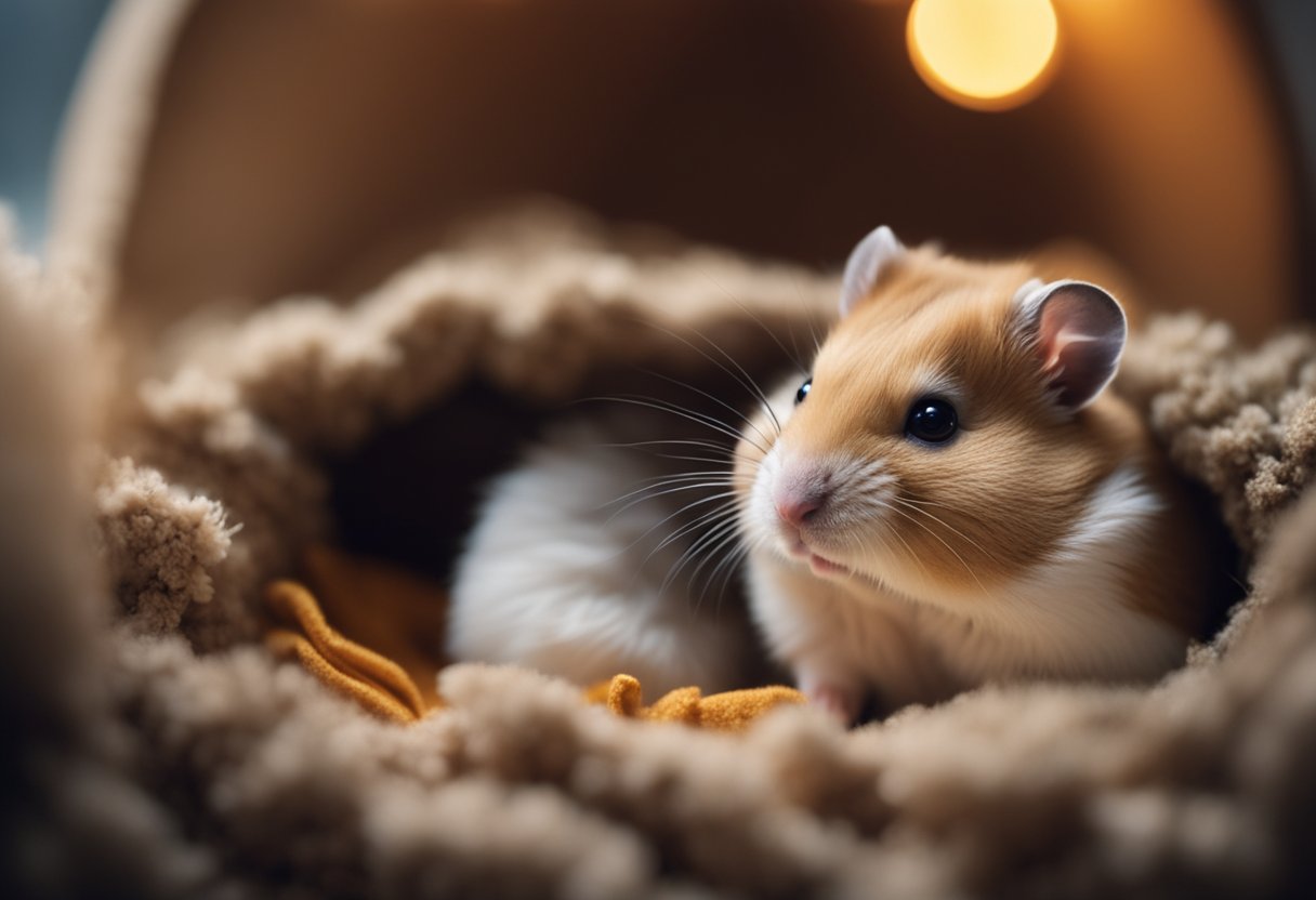 A hamster curled up in a cozy nest of soft bedding, surrounded by a dimly lit and quiet environment