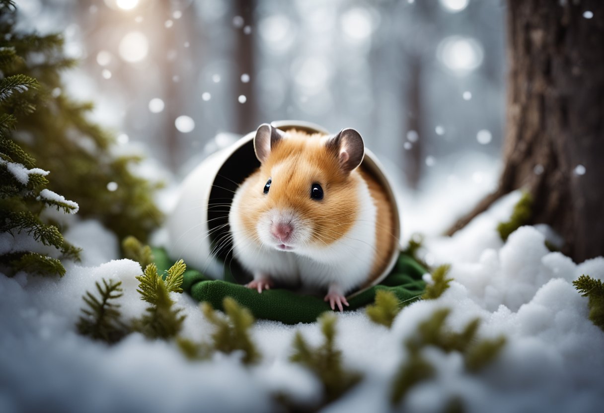 A cozy hamster burrow with bedding and food, surrounded by a peaceful, snowy forest
