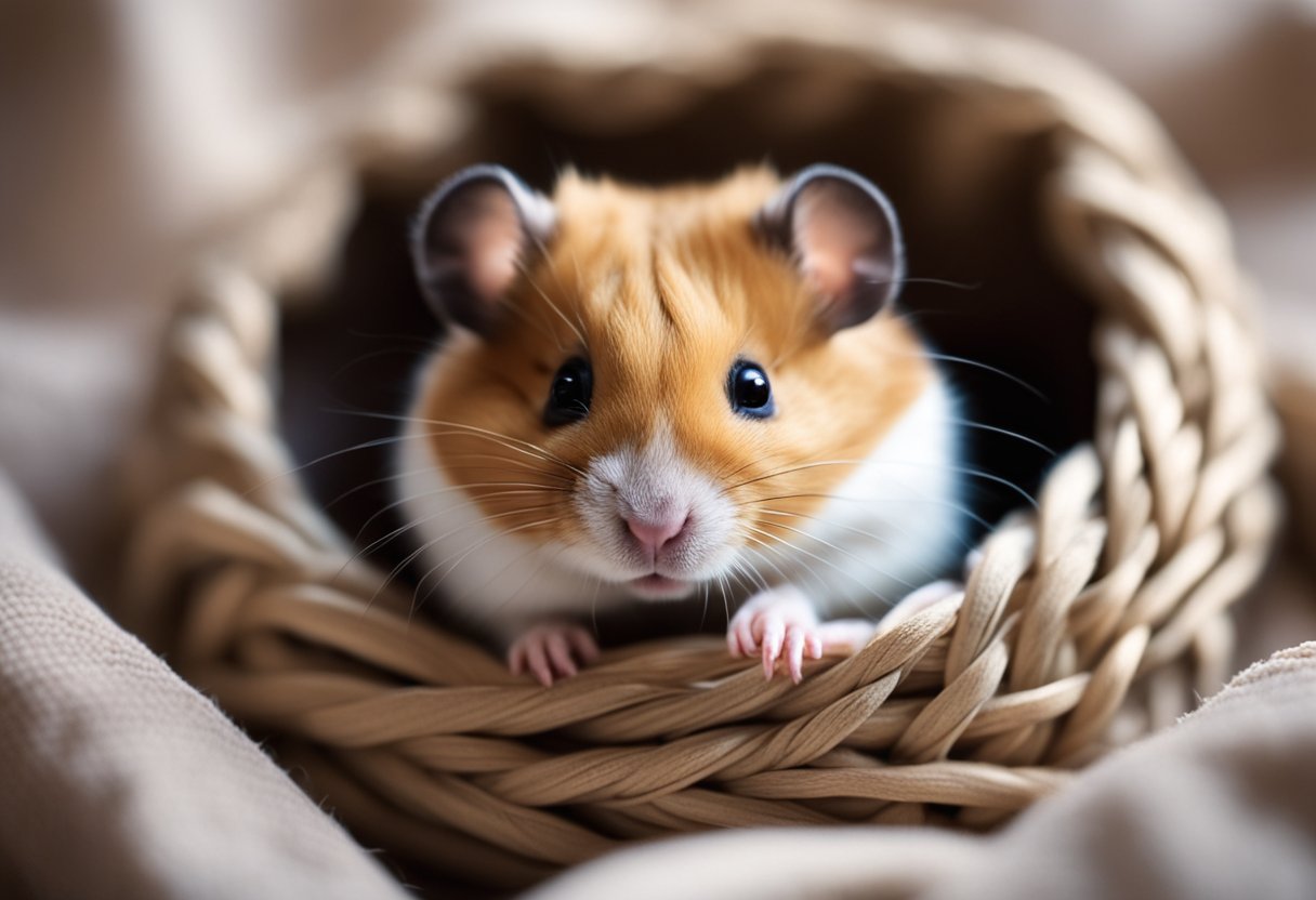 A cute hamster nestled in a cozy nest of soft bedding, with its eyes closed and body curled up in a deep sleep