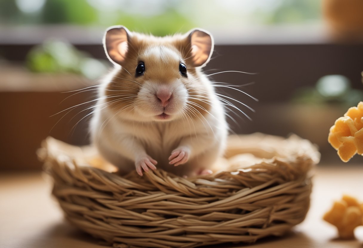 A hamster sits in its cozy nest, surrounded by food and bedding. A calendar on the wall shows the date. The hamster looks curious, as if pondering the question "do hamsters hibernate?"