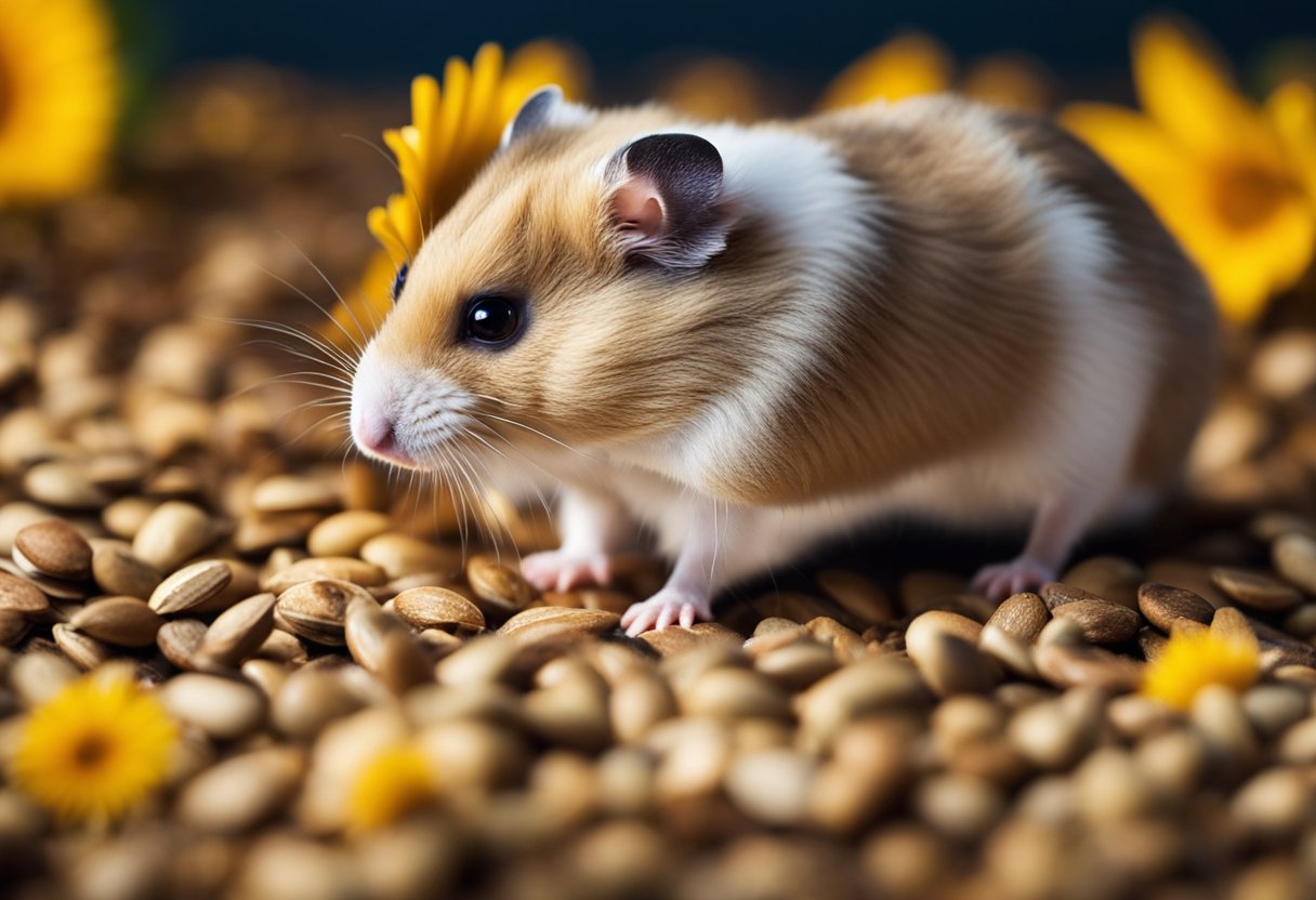 A hamster eagerly nibbles on sunflower seeds scattered on the cage floor