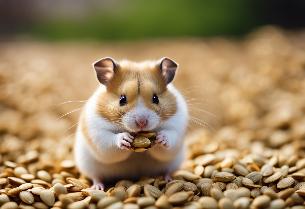 A hamster munches on sunflower seeds, showing healthy fur and energy