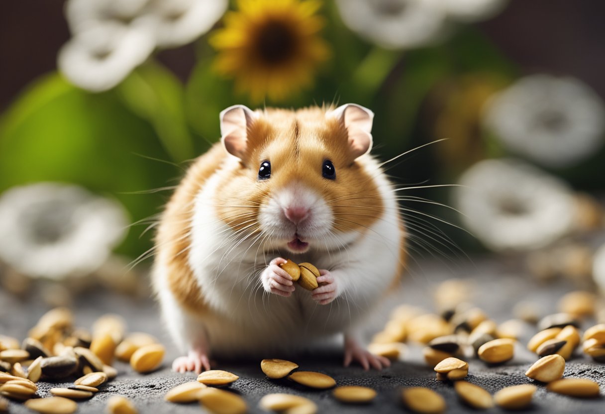 A hamster eagerly nibbles on sunflower seeds, while a caution sign warns against overfeeding