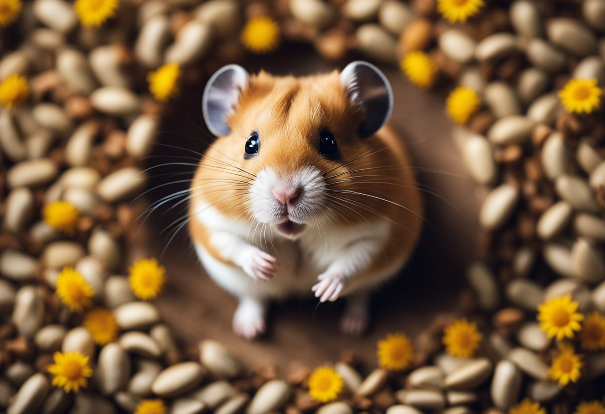 A hamster surrounded by sunflower seeds, looking up in curiosity