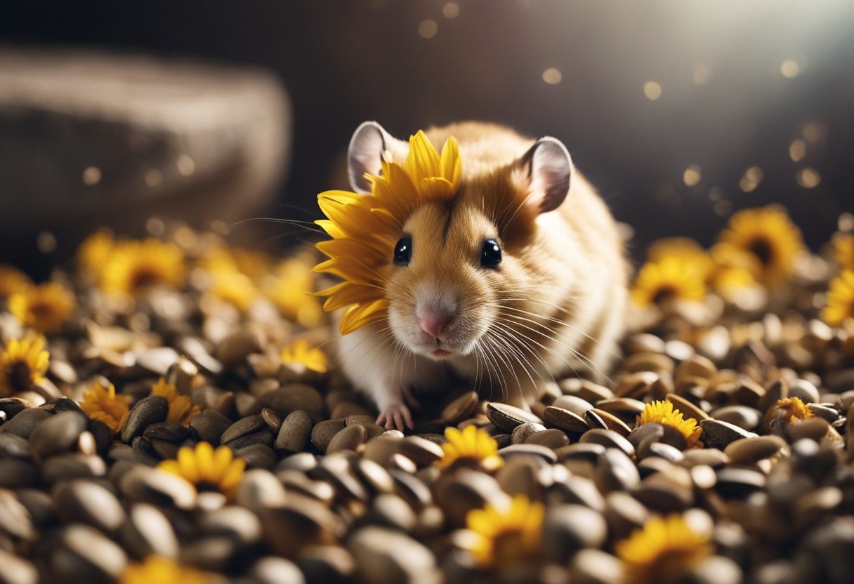 A hamster eagerly nibbles on sunflower seeds scattered on its bedding