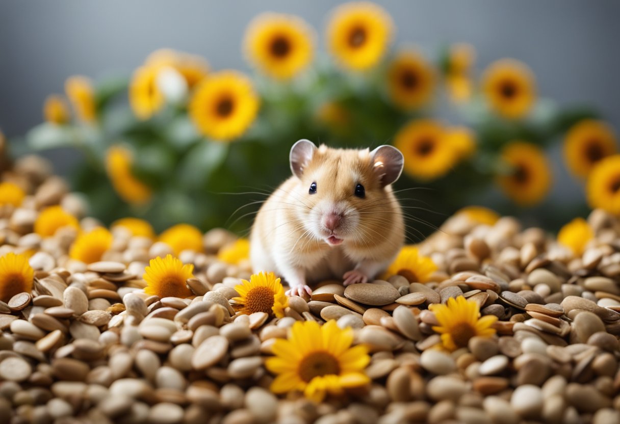 A curious hamster nibbles on a sunflower seed, surrounded by scattered seeds and a small pile of bedding