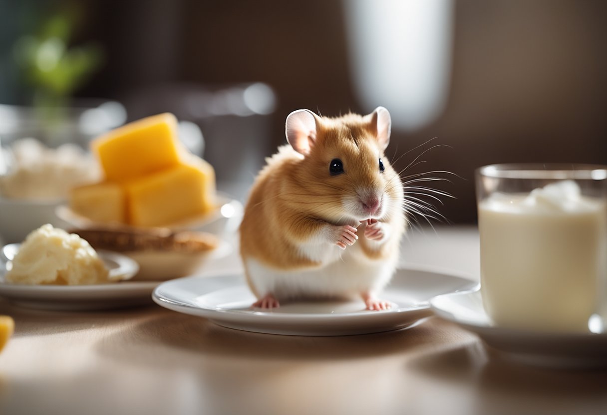 A hamster sniffs a small dollop of yogurt on a plate