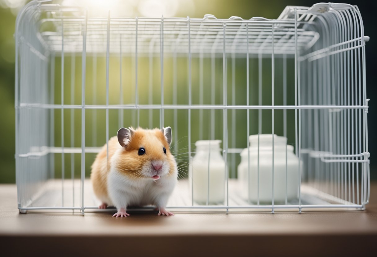 A hamster sits in a cage with a small dish of yogurt, looking curiously at the white, creamy substance