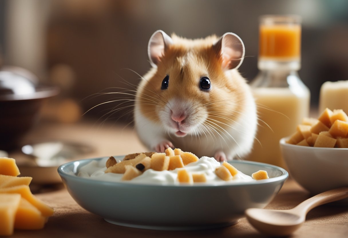 A hamster surrounded by various food items, including a small bowl of yogurt, with a curious expression and sniffing the yogurt