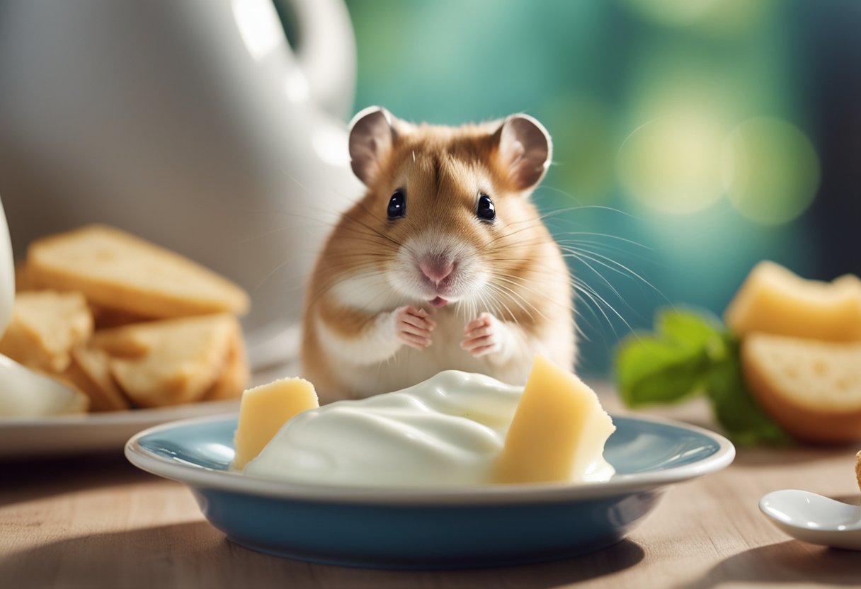 A hamster eagerly licks a dollop of yogurt from a tiny dish