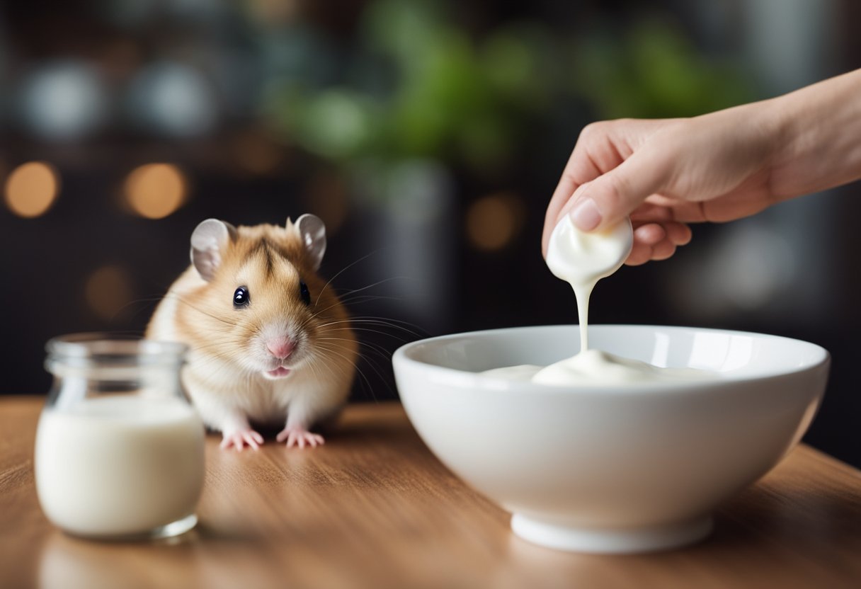 A hamster eagerly approaches a small bowl of yogurt, sniffing and tasting it cautiously. Nearby, a sign reads "Frequently Asked Questions: Can Hamsters Eat Yogurt?"