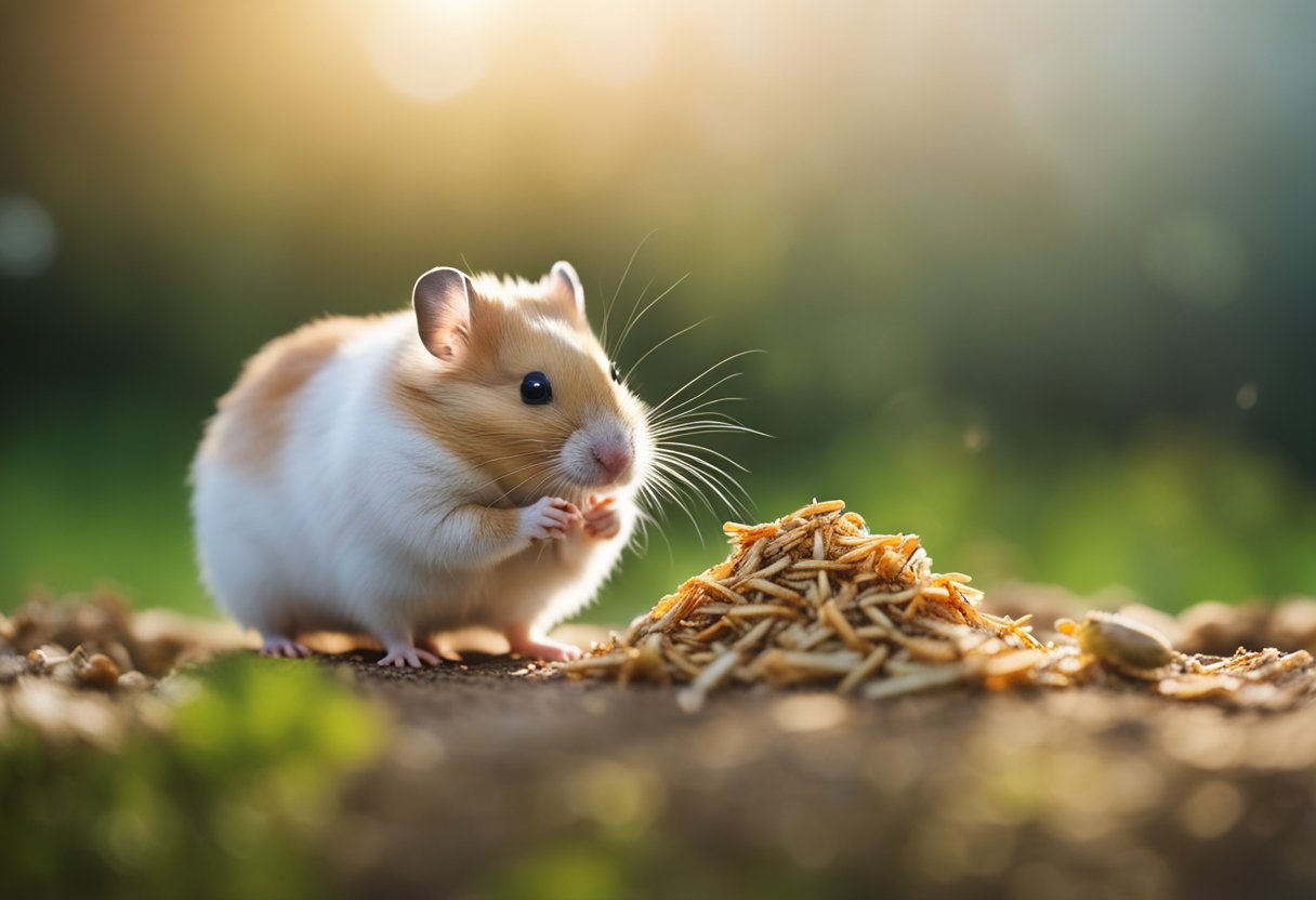 A hamster eagerly munches on mealworms, its tiny paws holding the squirming insects as it chews with delight
