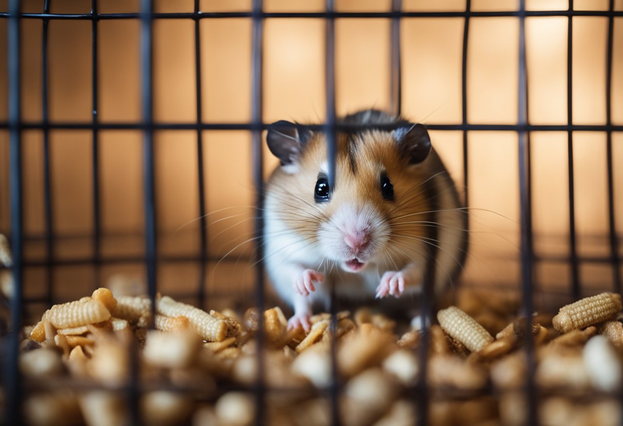 A hamster sits in its cage, eagerly nibbling on a mealworm. The small, furry creature looks content as it munches on the crunchy snack
