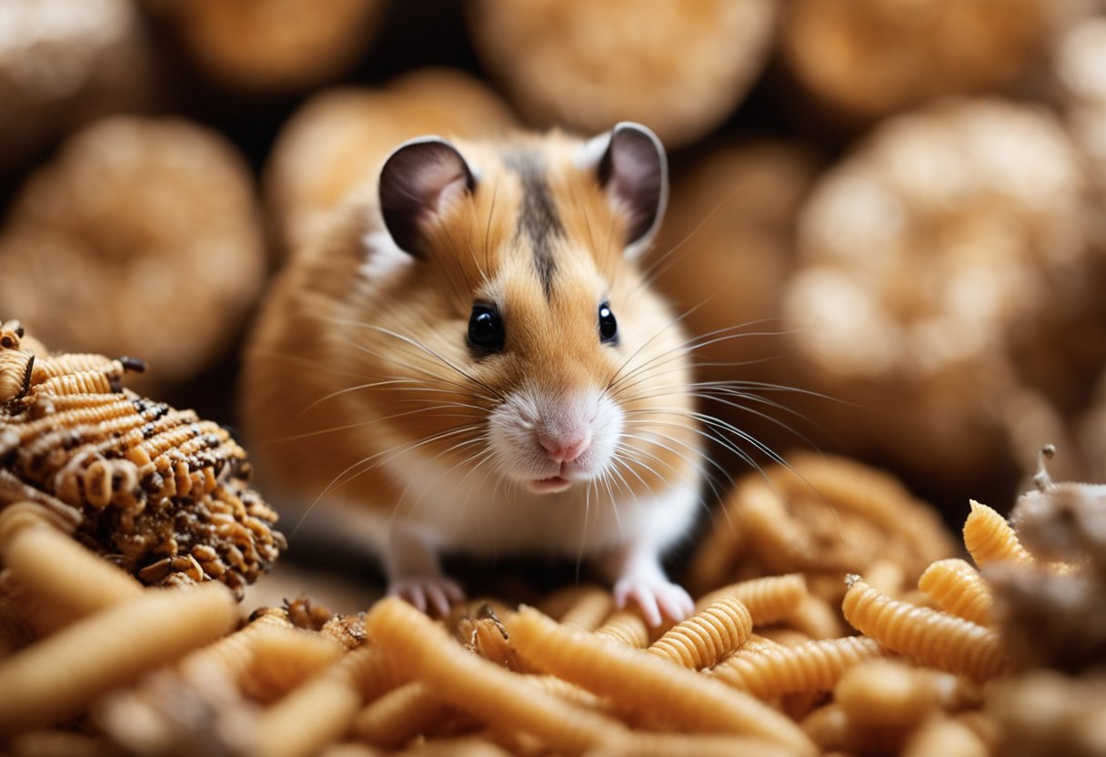 A hamster sniffs at a pile of mealworms, its whiskers twitching with curiosity. It cautiously nibbles on one, then eagerly devours the rest