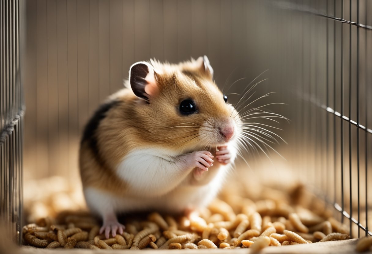 A hamster sits in its cage, eagerly nibbling on a mealworm. Its small paws hold the wriggling insect as it munches away