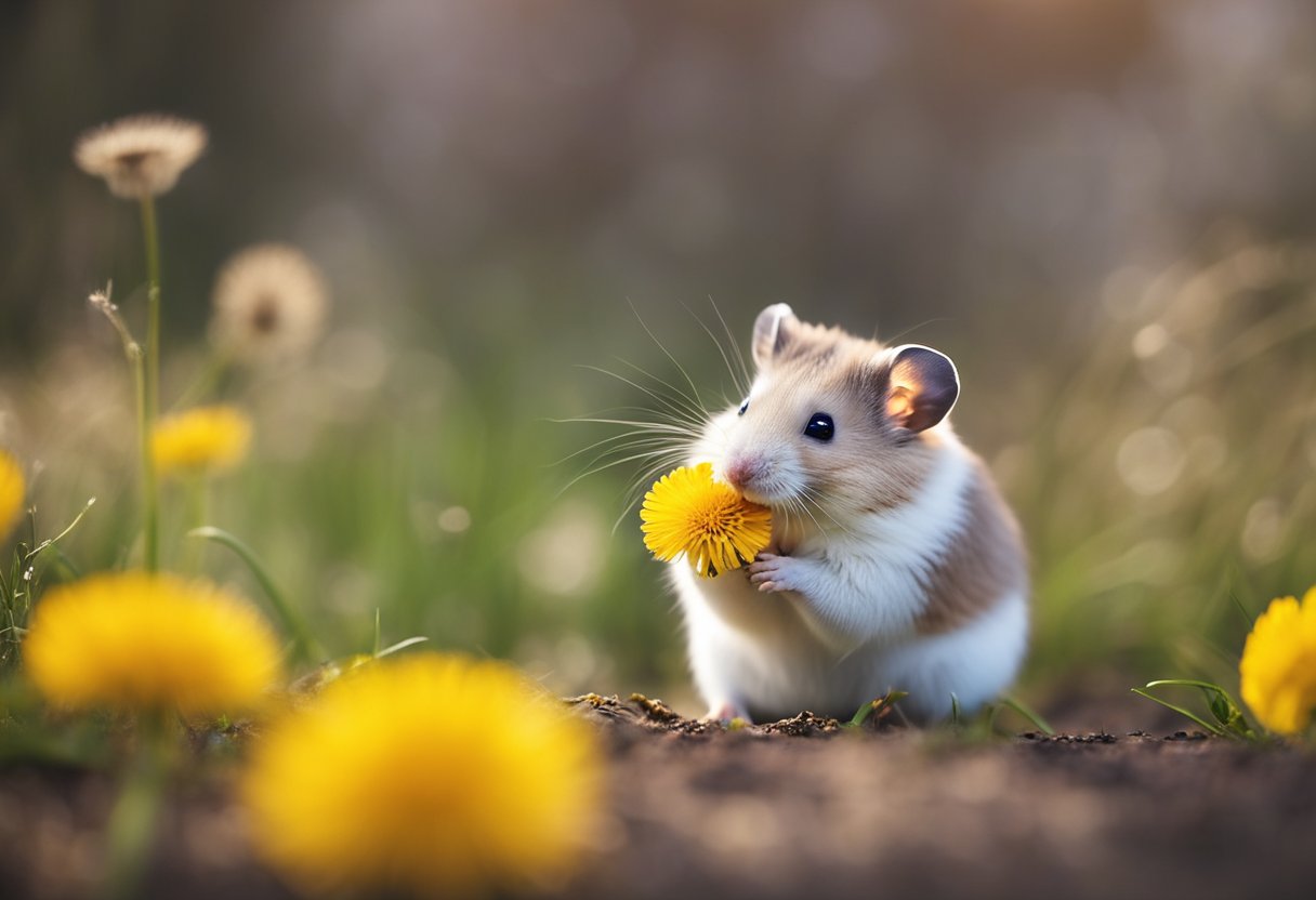A hamster nibbles on a dandelion, its tiny paws holding the delicate yellow flower