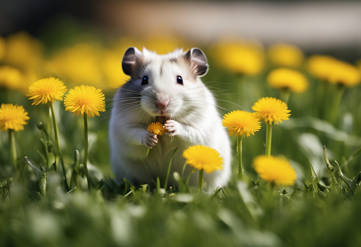 A hamster munches on dandelions, happily nibbling away