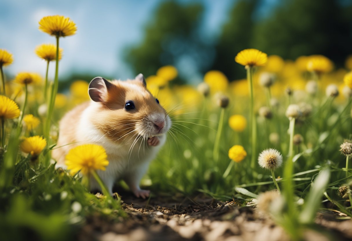 A hamster nibbles on dandelions in a grassy field