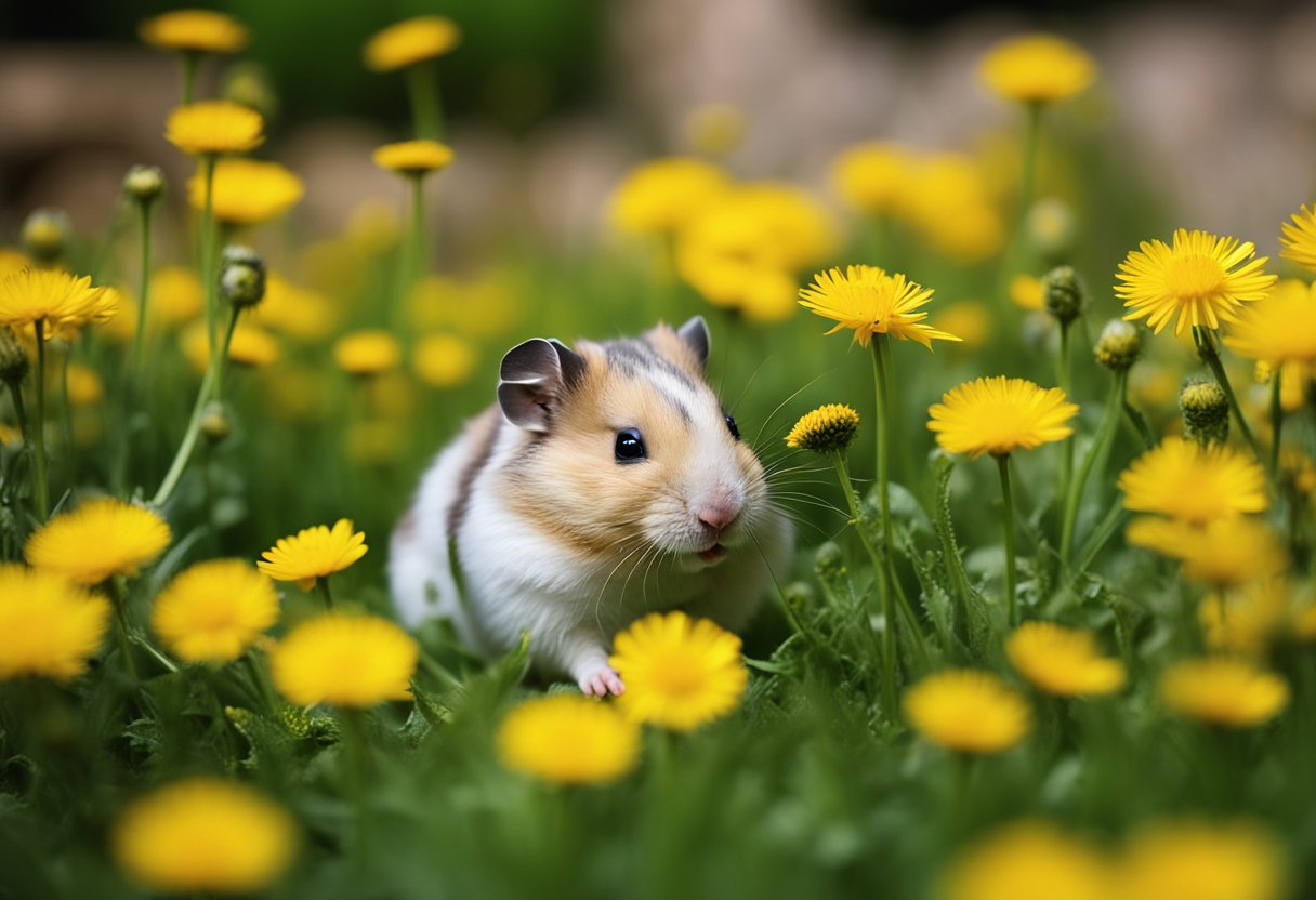 A hamster surrounded by dandelions, sniffing and nibbling on the vibrant yellow flowers and lush green leaves