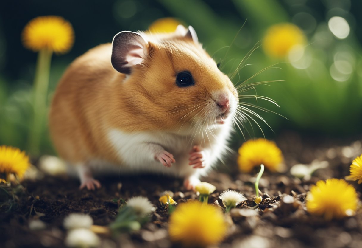 A hamster nibbles on a dandelion, surrounded by more scattered on the ground