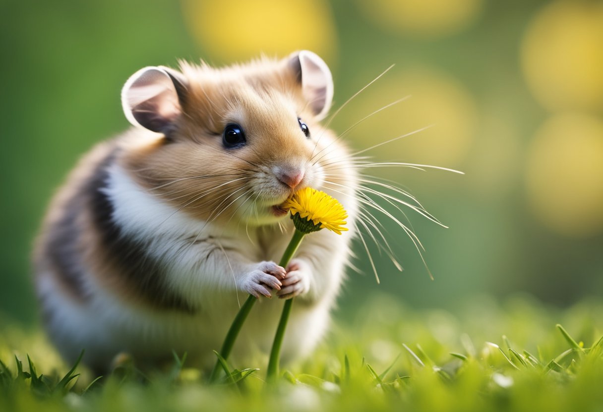 A hamster nibbles on a bright yellow dandelion, its tiny paws holding the stem. The furry creature looks content as it enjoys the fresh green snack