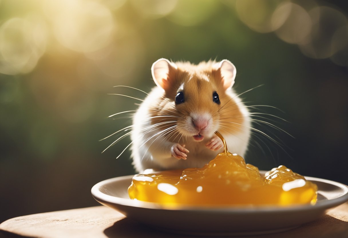A hamster sniffs a dollop of honey, its whiskers twitching with curiosity