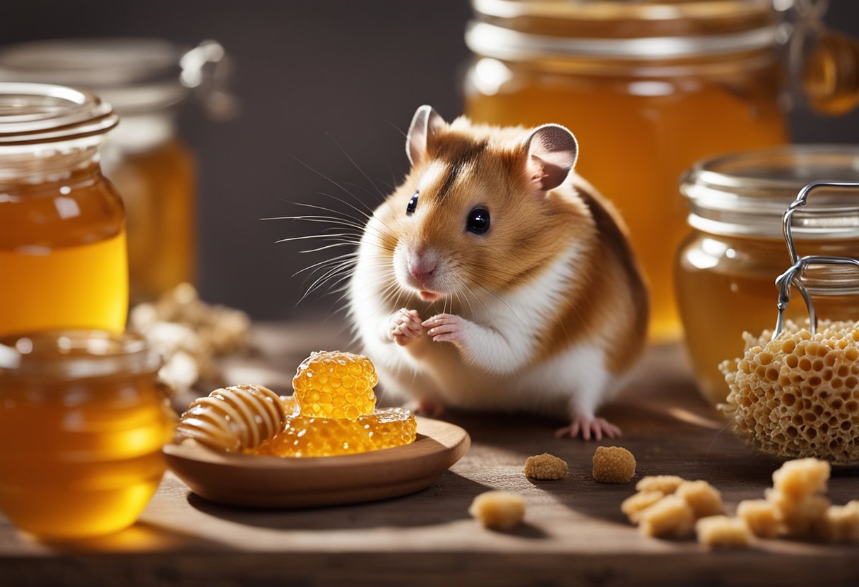 A hamster is surrounded by various food items, including honey. The hamster is shown nibbling on a small amount of honey, with a question mark above its head