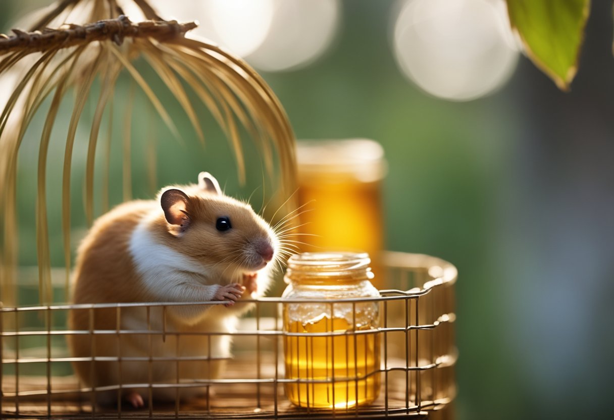 A hamster sits in its cage, eagerly nibbling on a small dollop of honey placed in front of it