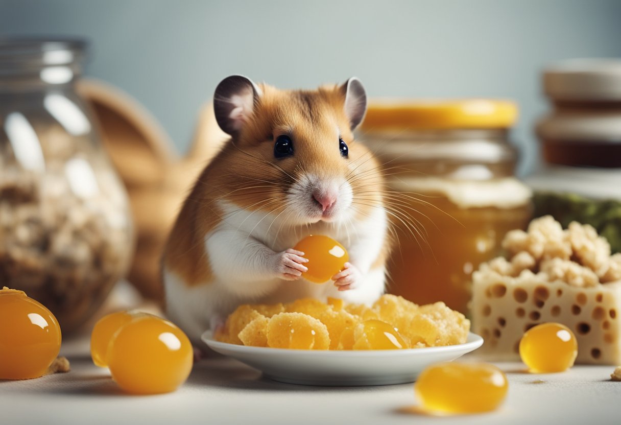 A hamster surrounded by various food items, including a small dollop of honey, with a curious expression
